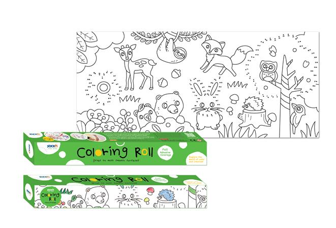 Színező tekercs, öntapadó, 31x355 cm, STICK N, erdei állatok